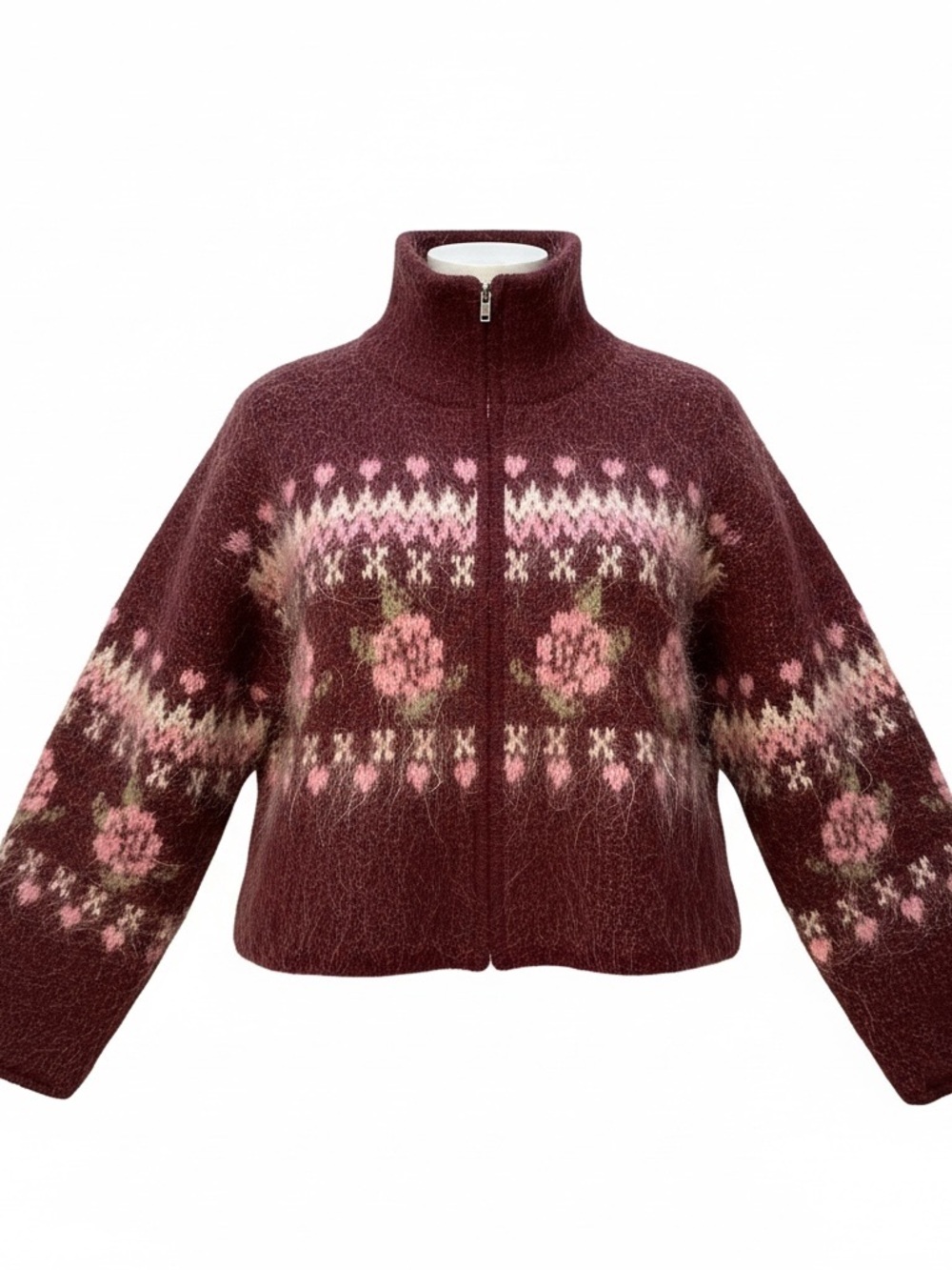 Burgundy Floral Fair Isle Zip-Up Jacket | Fuzzy Rose Nordic Style